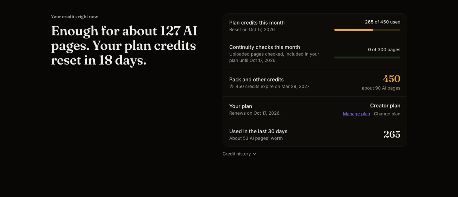 Your credits, your plan and every way to top up, on one page