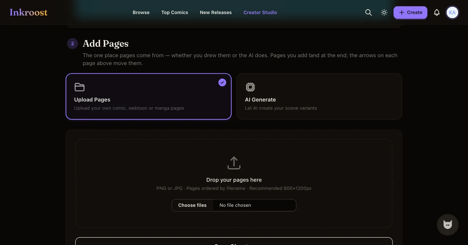 The Add Pages step of the chapter form, with Upload Pages and AI Generate side by side