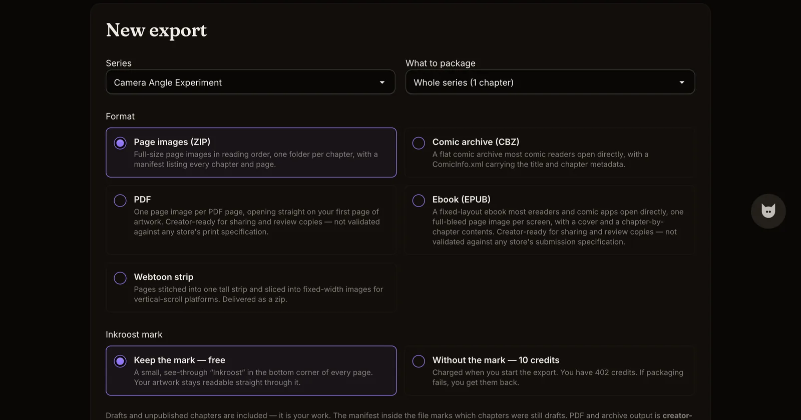 The Export page with the new Webtoon strip format alongside ZIP, CBZ, PDF and EPUB