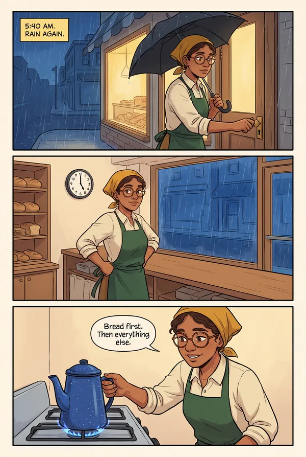 Page 1 of the demo comic The Early Loaf: a baker unlocks her shop at 5:40 in the rain