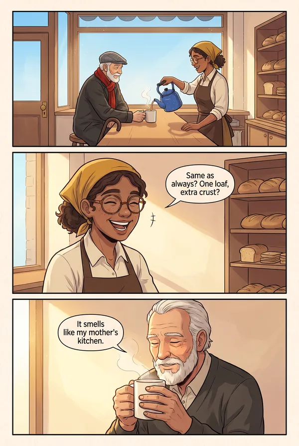 Page 3: an old man comes in from the rain and she pours him tea