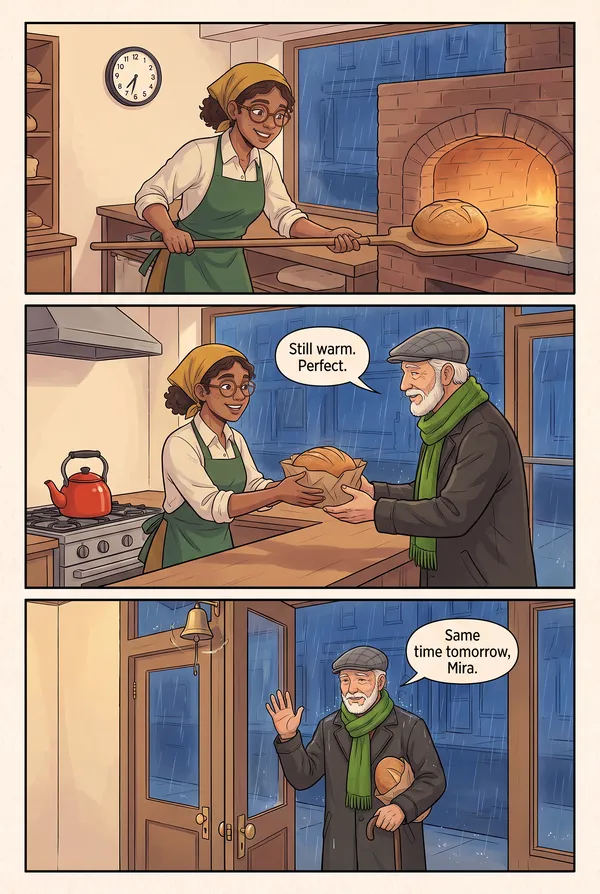 Page 4: he leaves with a warm loaf and says Same time tomorrow, Mira