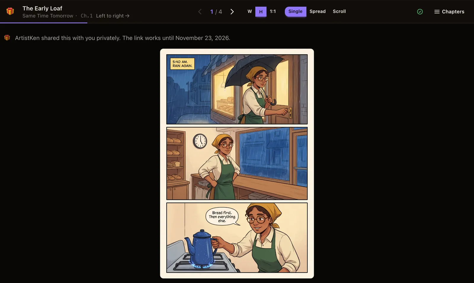 A gift comic open in the Inkroost reader: a baker opening her shop in the rain, under a note that says it was shared privately and when the link stops working