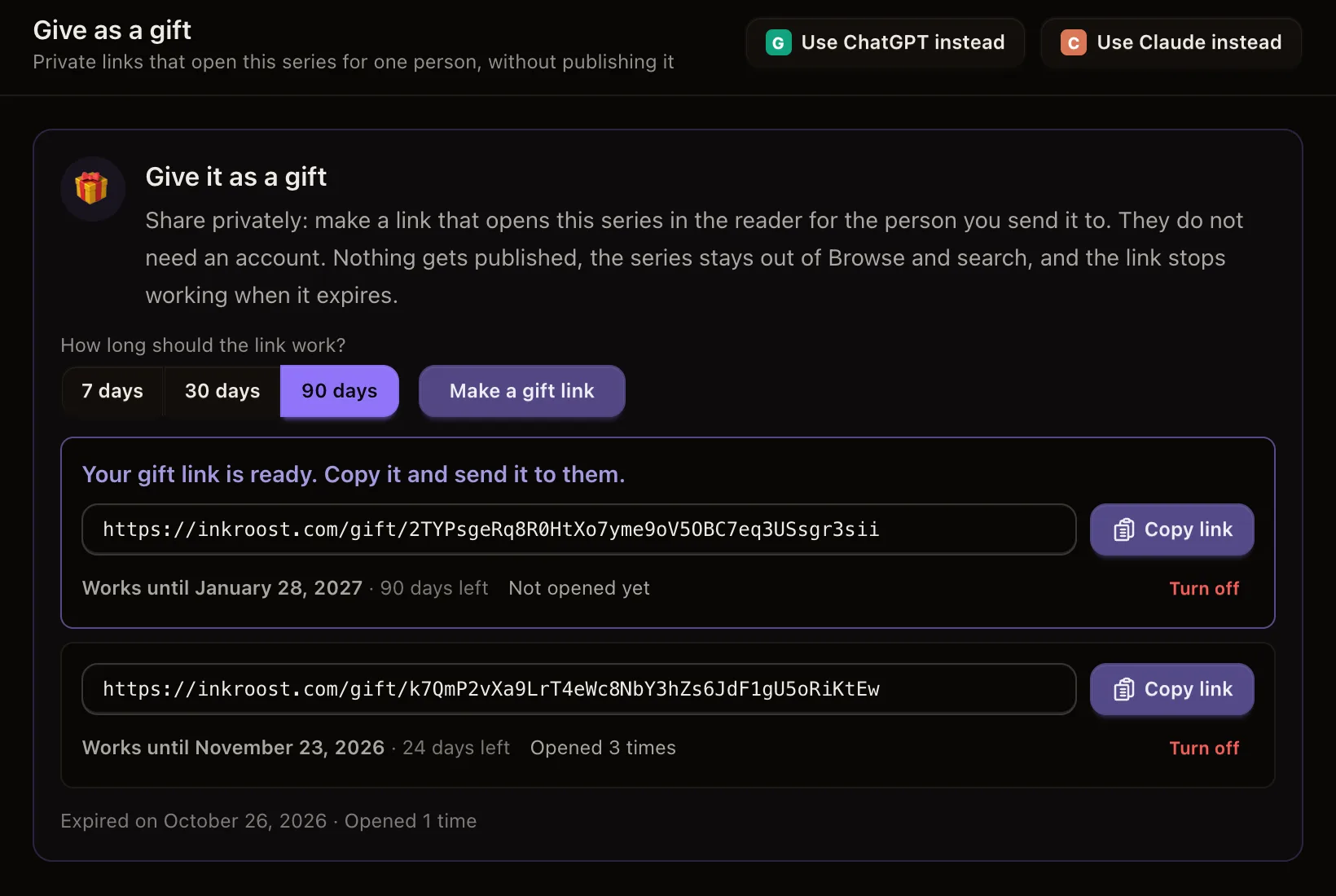The Give as a gift page in the studio: a choice of 7, 30 or 90 days, a new gift link ready to copy, and an older link opened 3 times