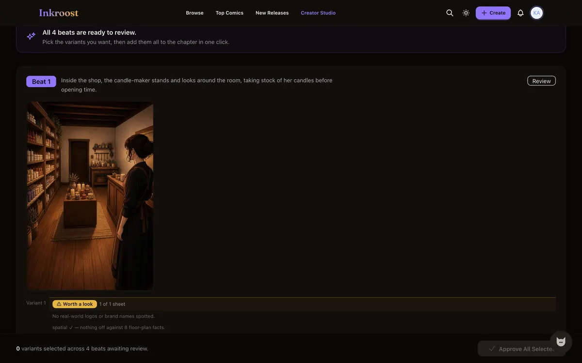 The AI review screen showing a generated page beside the beat that produced it, with keep and regenerate controls.
