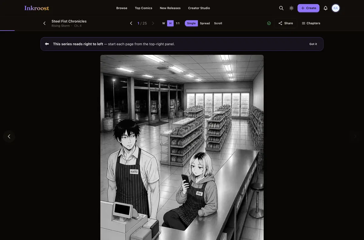 The Inkroost reader showing a published manga page, with a notice that the series reads right to left.