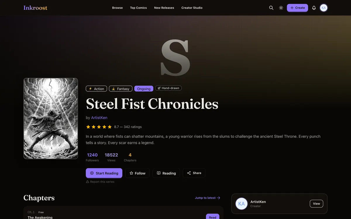 Inkroostで公開されたシリーズページ。表紙、あらすじ、フォロワー数、チャプター一覧。