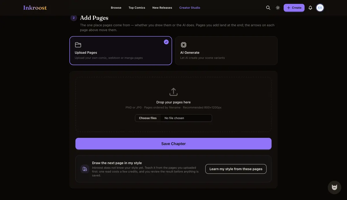 The chapter form with the Upload Pages tab selected and a drop area for page files.