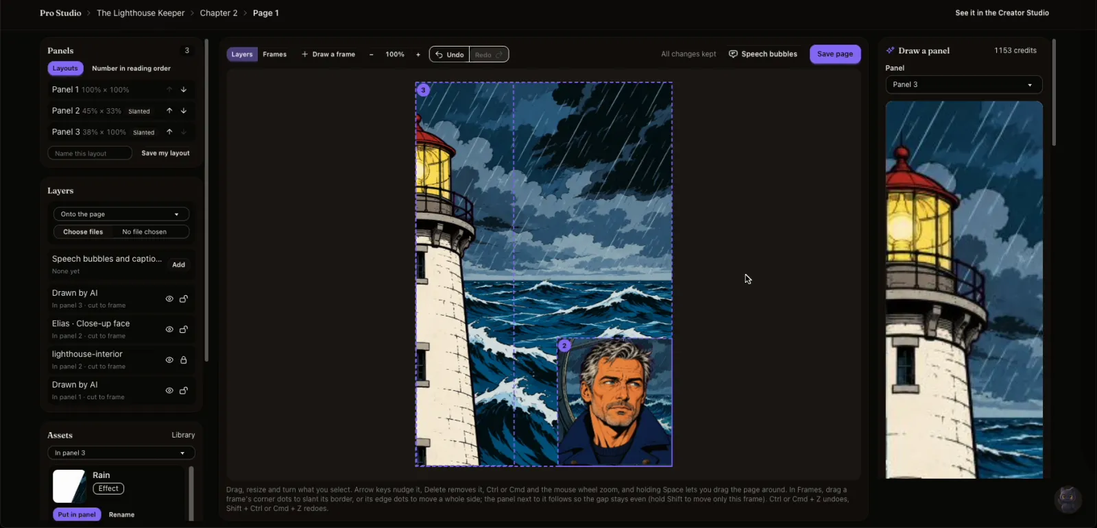 The Pro Studio editor: a lighthouse page with three slanted panels, its layers listed on the left and the Draw a panel card on the right