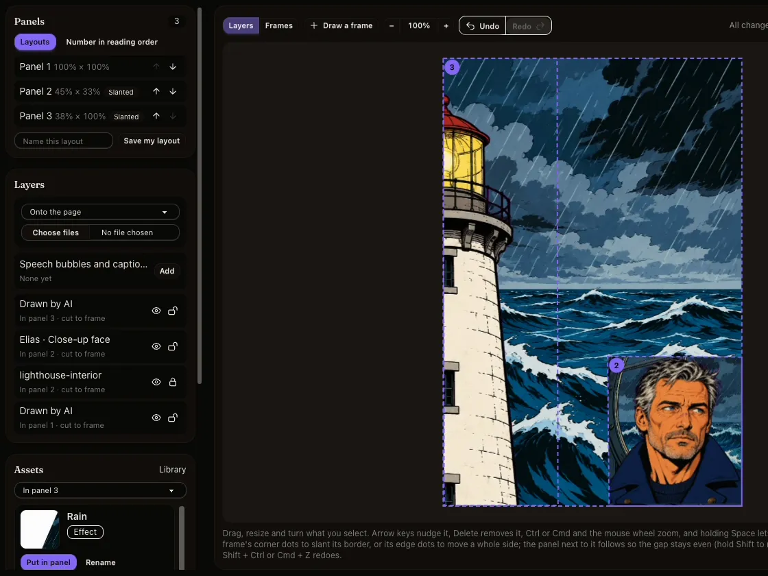 A page with a lighthouse and a close-up of a man, with each drawing listed as its own layer