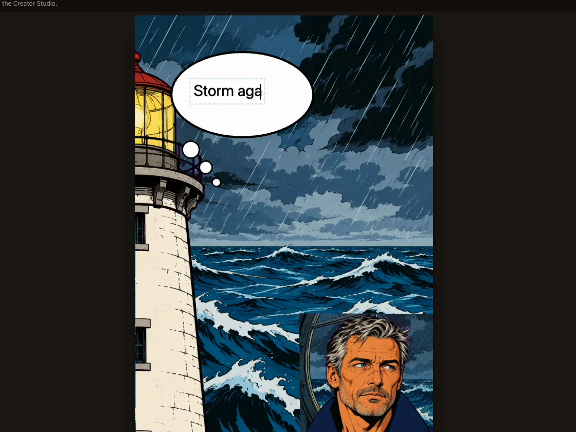 A thought bubble being typed onto a page of a lighthouse in a storm