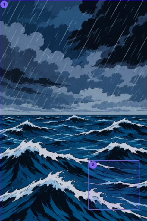 Page 1 before: a stormy sea drawn into the first panel, with an empty second frame