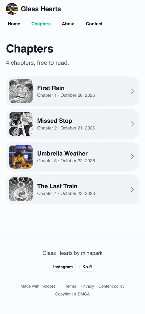 The chapter list of a webtoon site on a phone