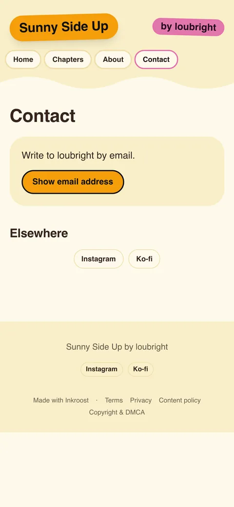 The contact page of a site, with a Show email address button and links to Instagram and Ko-fi