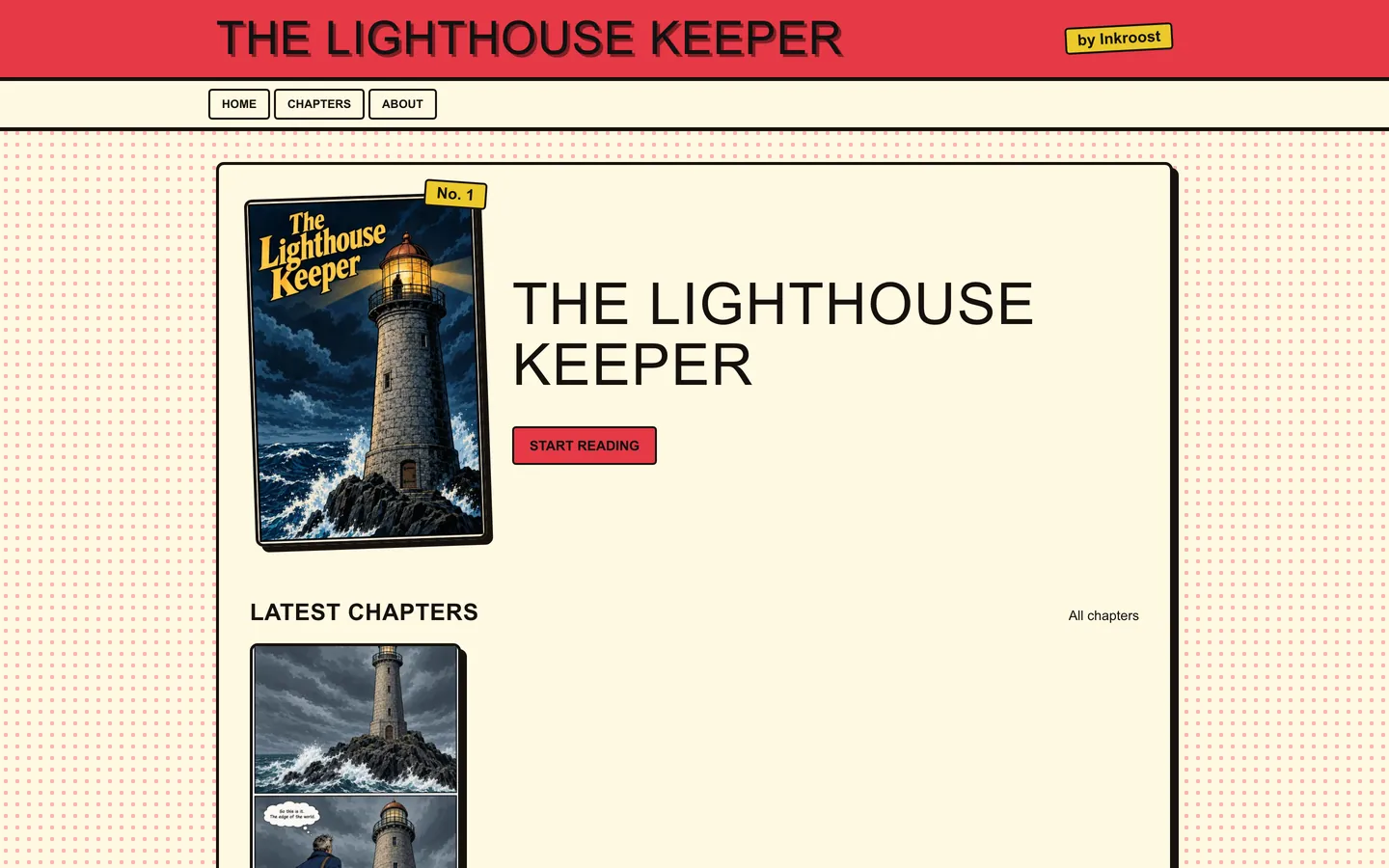 The Lighthouse Keeper on its own website in the classic comic book look, with its cover, Start reading and the latest chapter