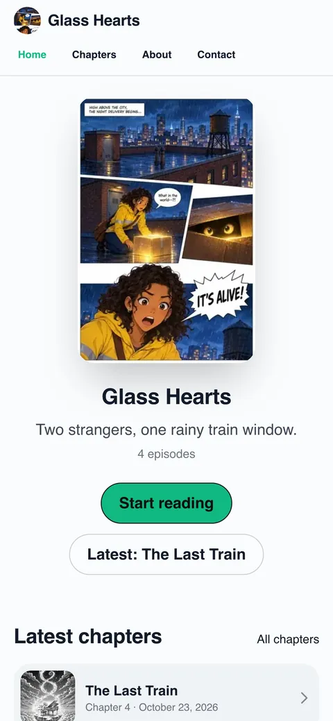 The same site in the Webtoon scroll look on a phone