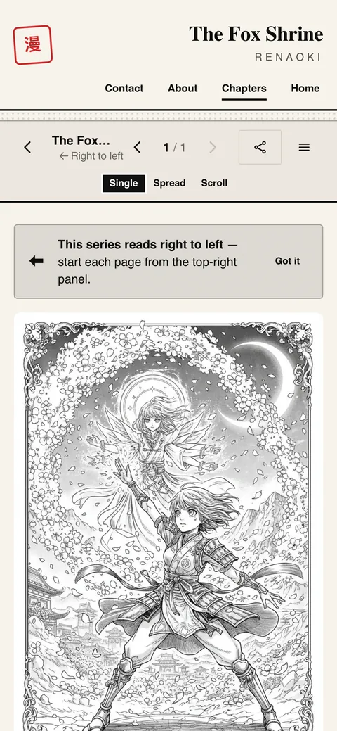 A manga chapter open in the reader of its site, reading right to left