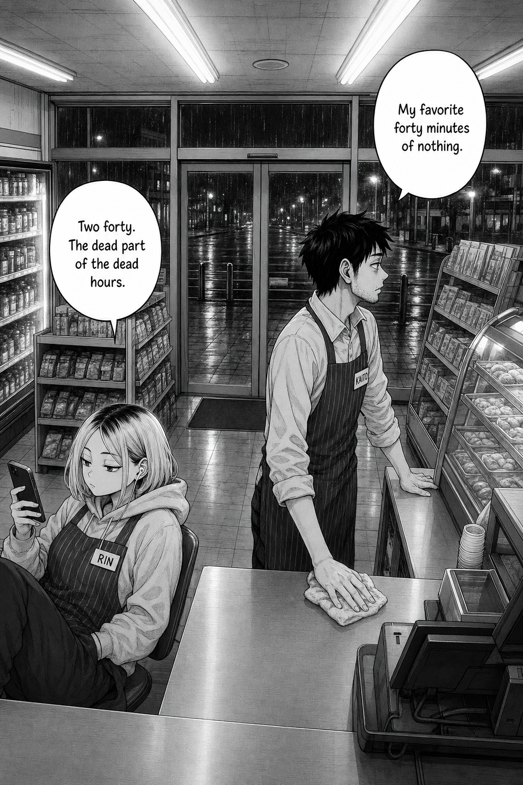 Wide night view of a 24-hour convenience store from behind the register; Kaito wipes the counter while Rin slouches nearby on her phone, rain on the dark street outside.