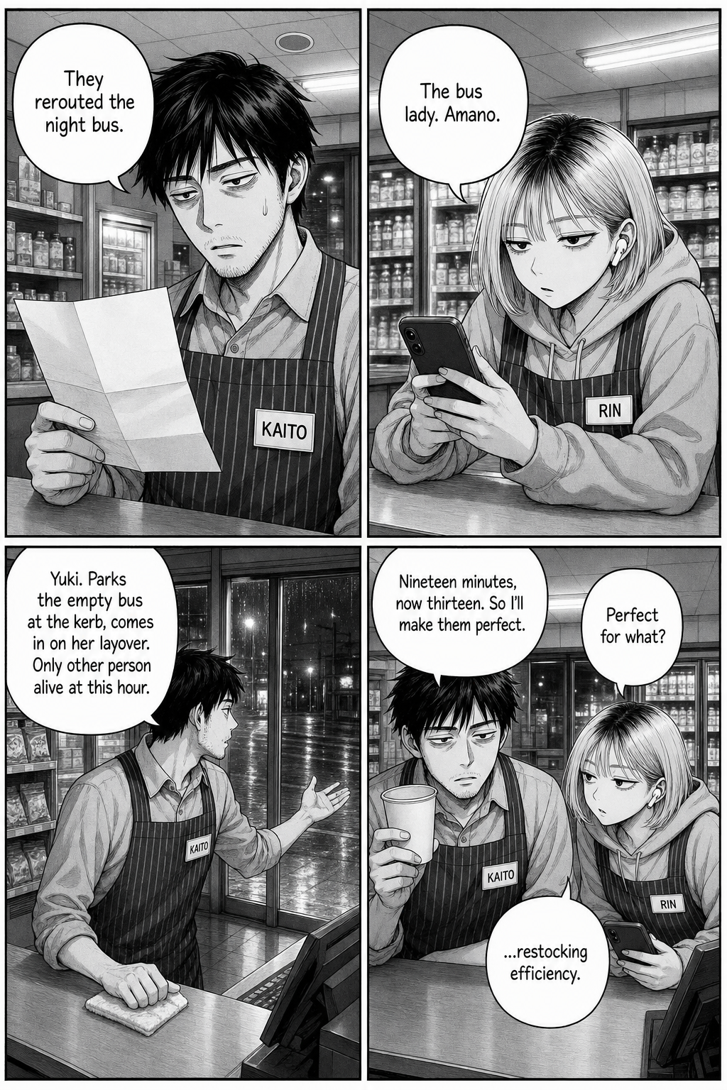 Four panels: Kaito reads a folded notice about the bus reroute; Rin scrolls her phone; Kaito explains who the bus driver is and holds up a blank paper cup.
