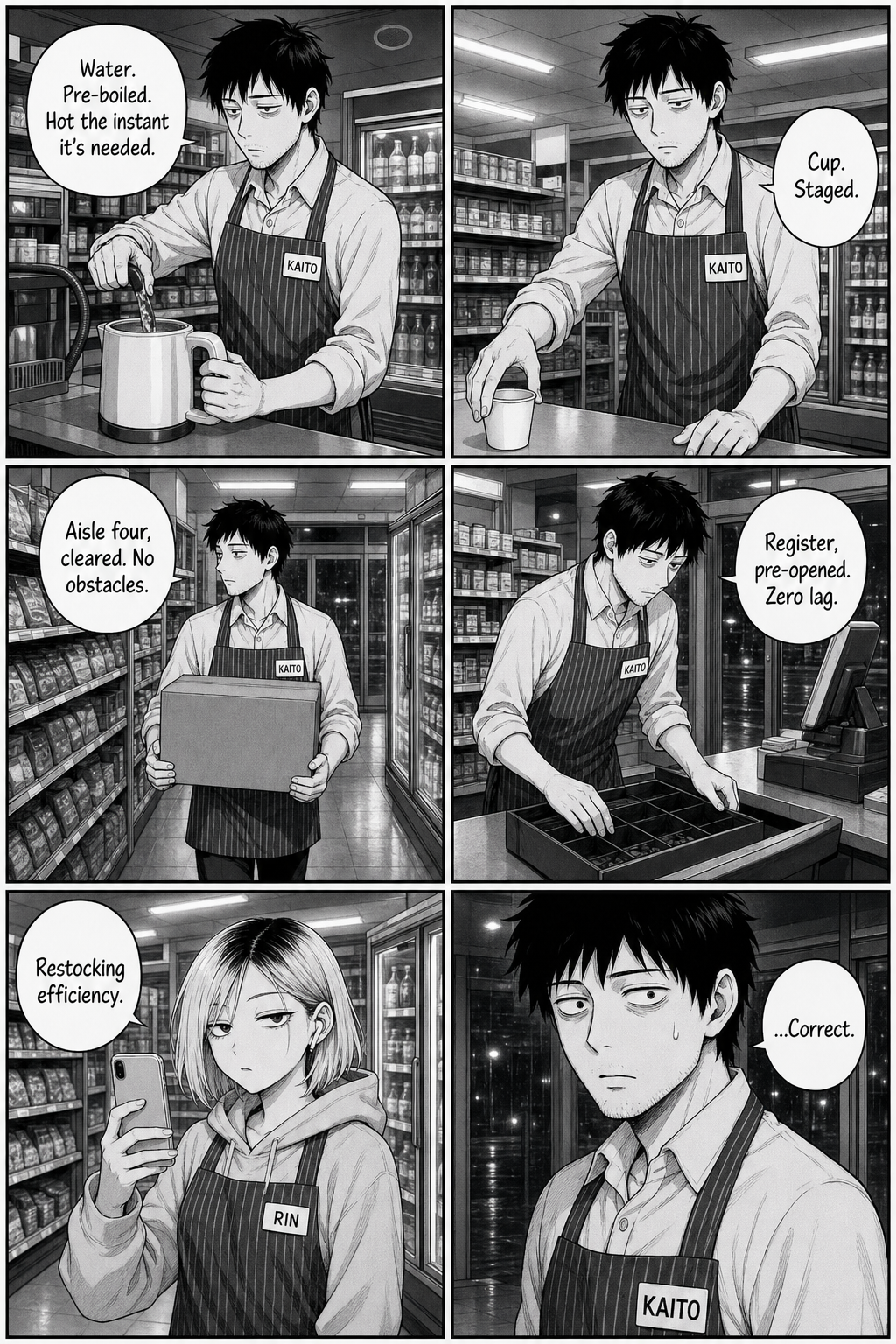 Six panels of Kaito staging the store: filling a kettle, setting a cup, clearing an aisle, opening the register, as Rin films him and he freezes, caught.