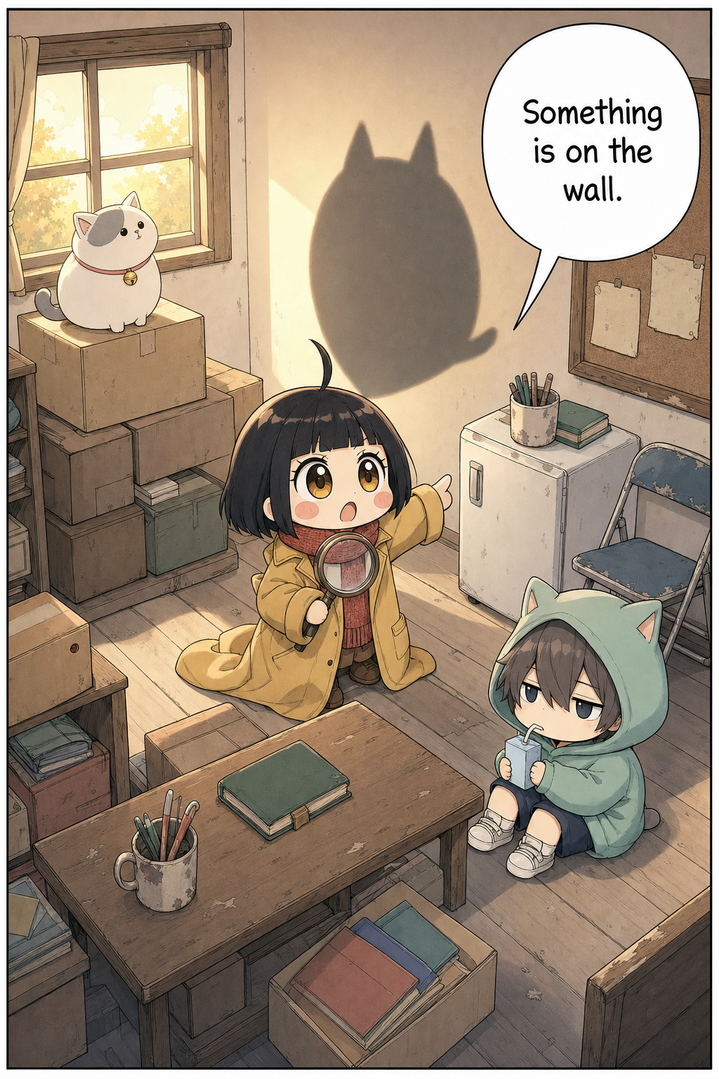 Wide view of the Tiny Case Agency clubroom in warm afternoon light. A large horned cat-shaped shadow looms on the wall. A chibi girl in an oversized mustard-yellow coat clutches her magnifying glass and points up at it in alarm. A chibi boy in a mint-green cat-ear hoodie sips a juice box on the floor, and a small round white cat sits up on the cardboard boxes in the sunbeam by the window.