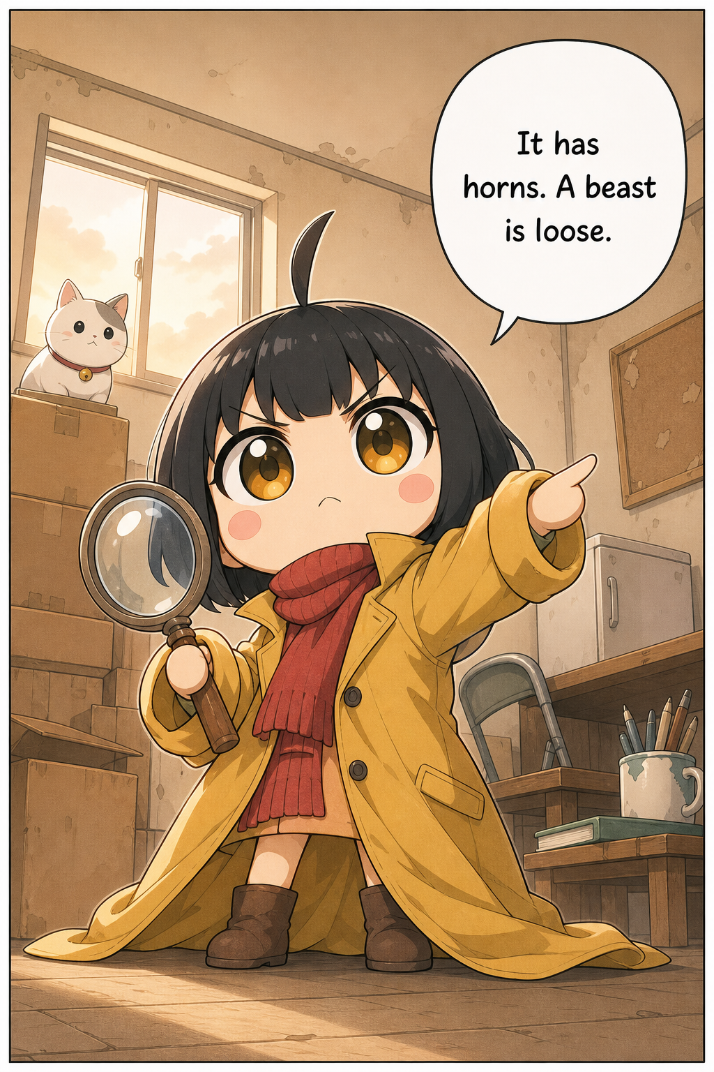 Low-angle close view of the chibi girl in the oversized mustard-yellow coat and red scarf, holding her magnifying glass in one hand and flinging the other arm out to point at the wall, coat flaring like a cape, scowling with conviction. The white cat watches from the window ledge behind her.