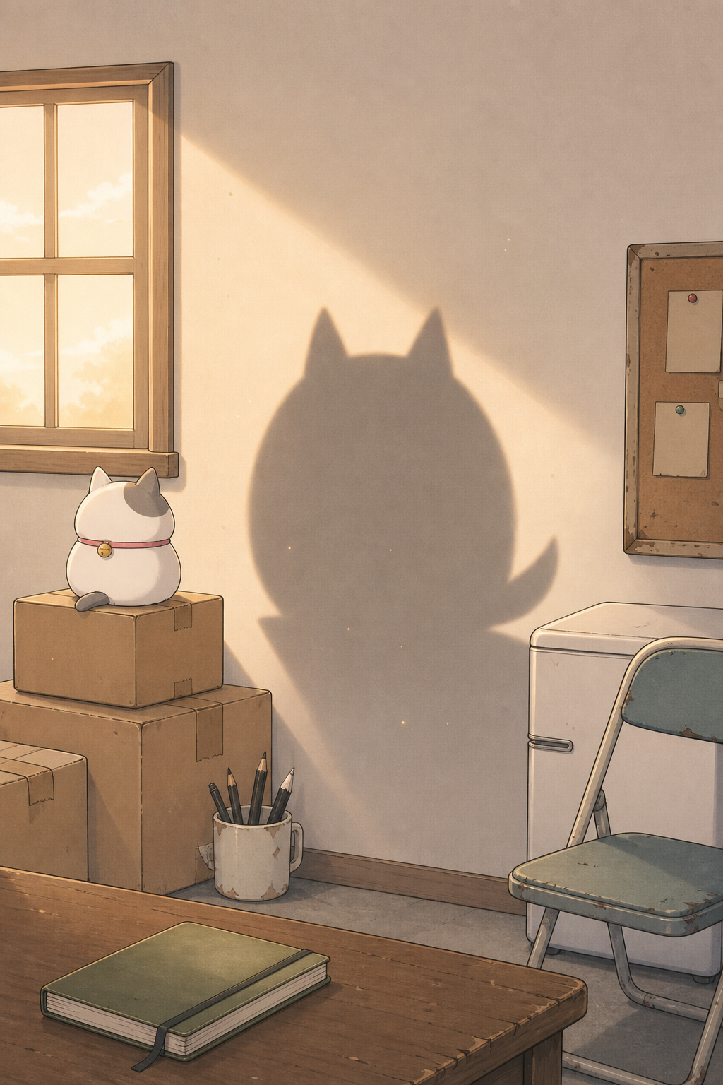 A silent close-up of the pastel clubroom wall in warm afternoon light, with a single large horned cat-shaped shadow cast across it and dust motes drifting in the sunbeam. No characters, no text.
