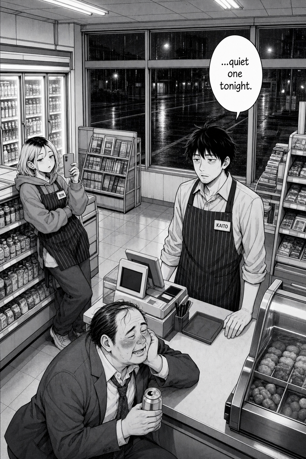 Wide night shot of a convenience store: Kaito at the register, a drunk salaryman slumped at the counter with a can, Rin filming from a shelf.