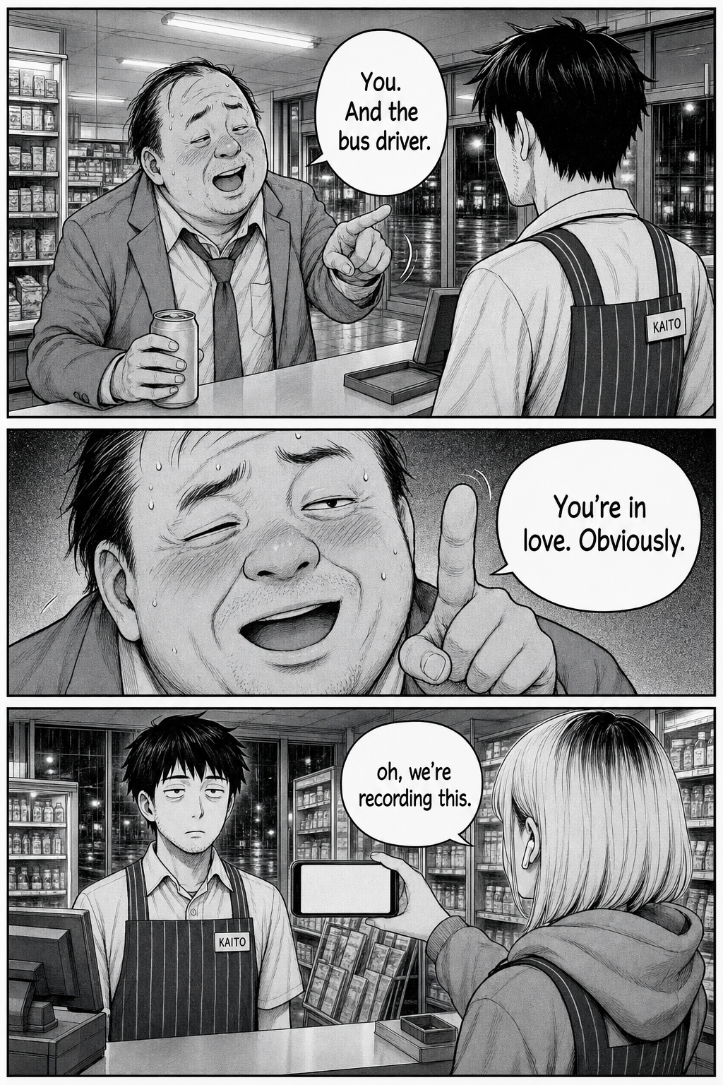 The drunk salaryman points across the counter at Kaito and declares them in love; Rin films Kaito.