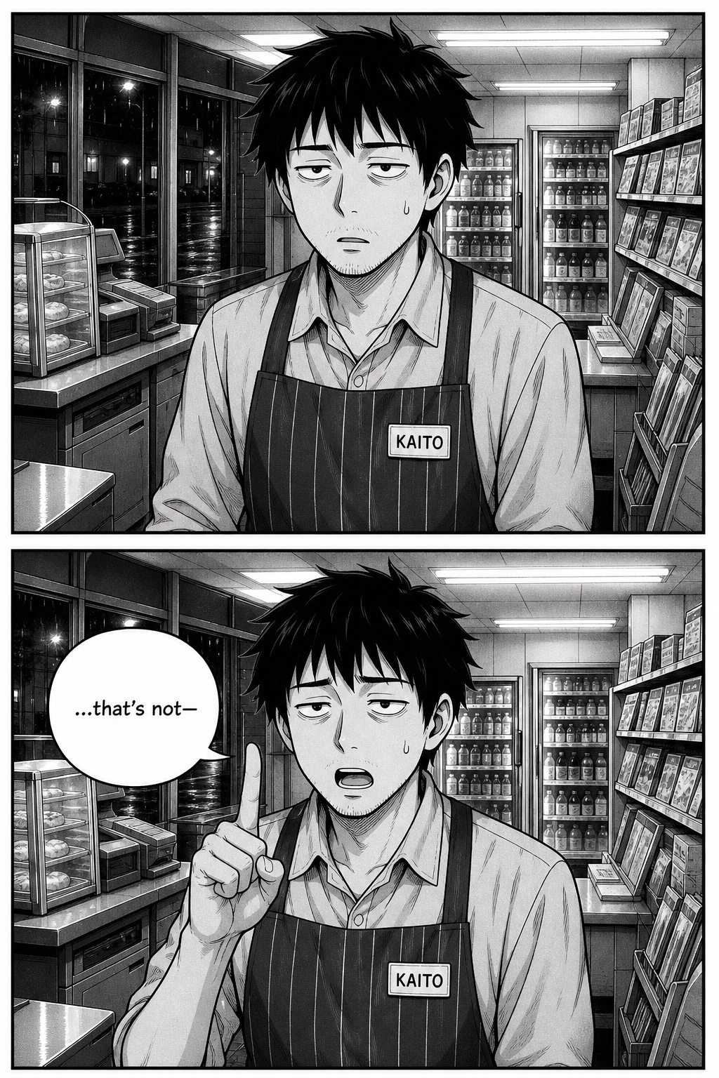 Two panels of Kaito behind the counter, sweating; he raises one finger to object but only manages 'that's not—'.