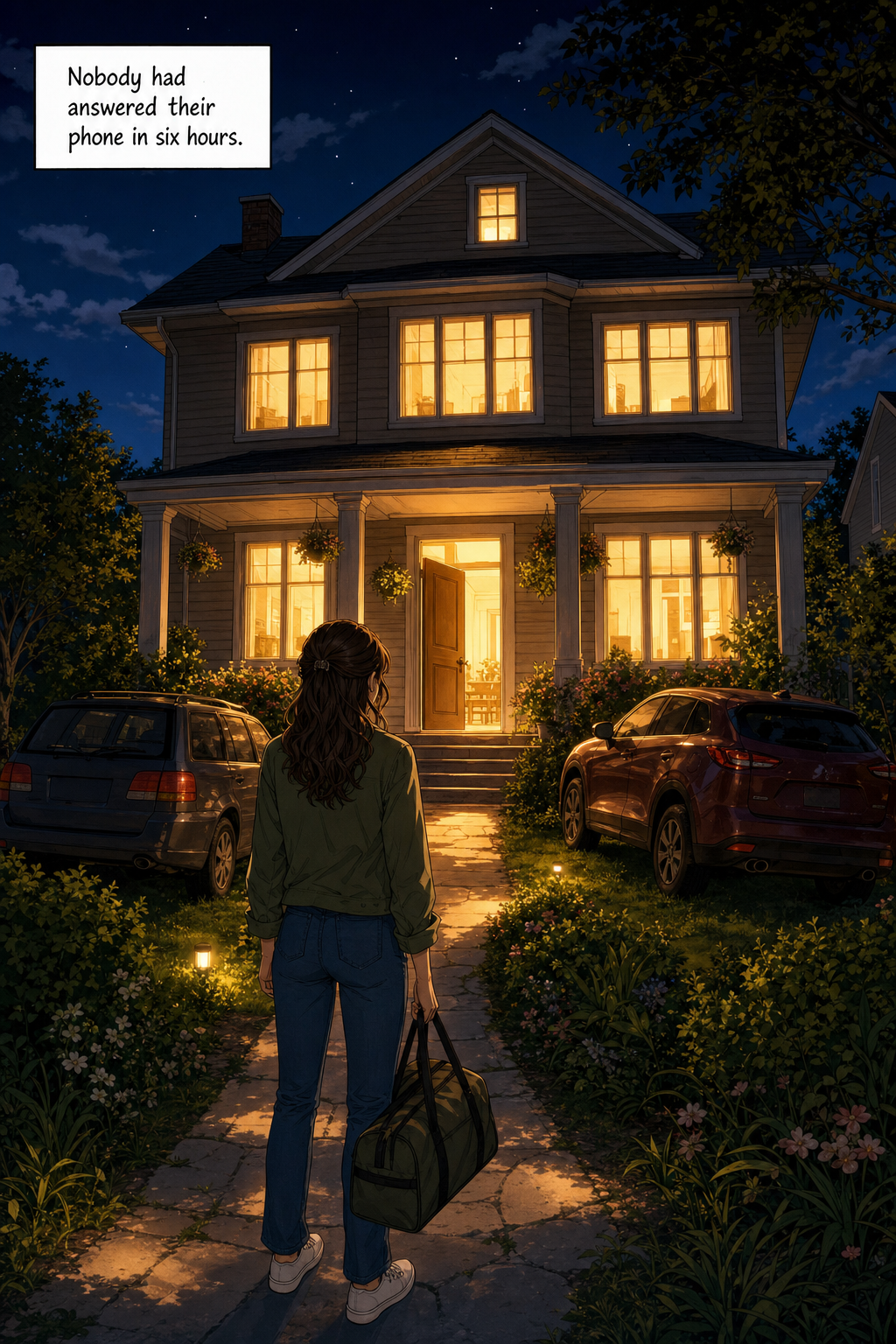 Night. Lizzie Bennet stands frozen halfway up the garden path with a duffel bag in one hand, looking at her family home with every window blazing gold and the front door standing open.