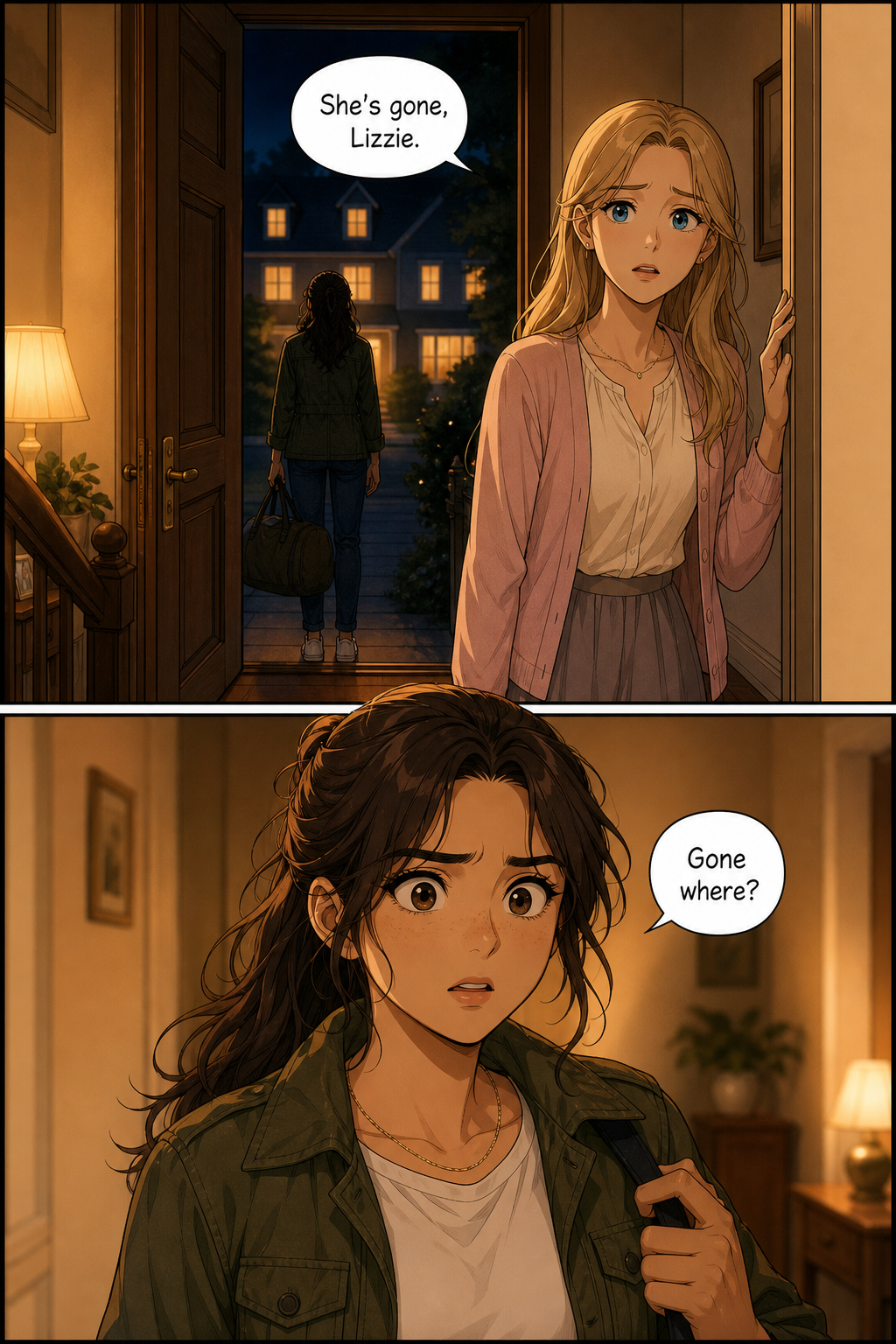 Jane Bennet, pale, opens the front door to Lizzie and tells her that Lydia is gone; a close-up shows Lizzie's face going still.