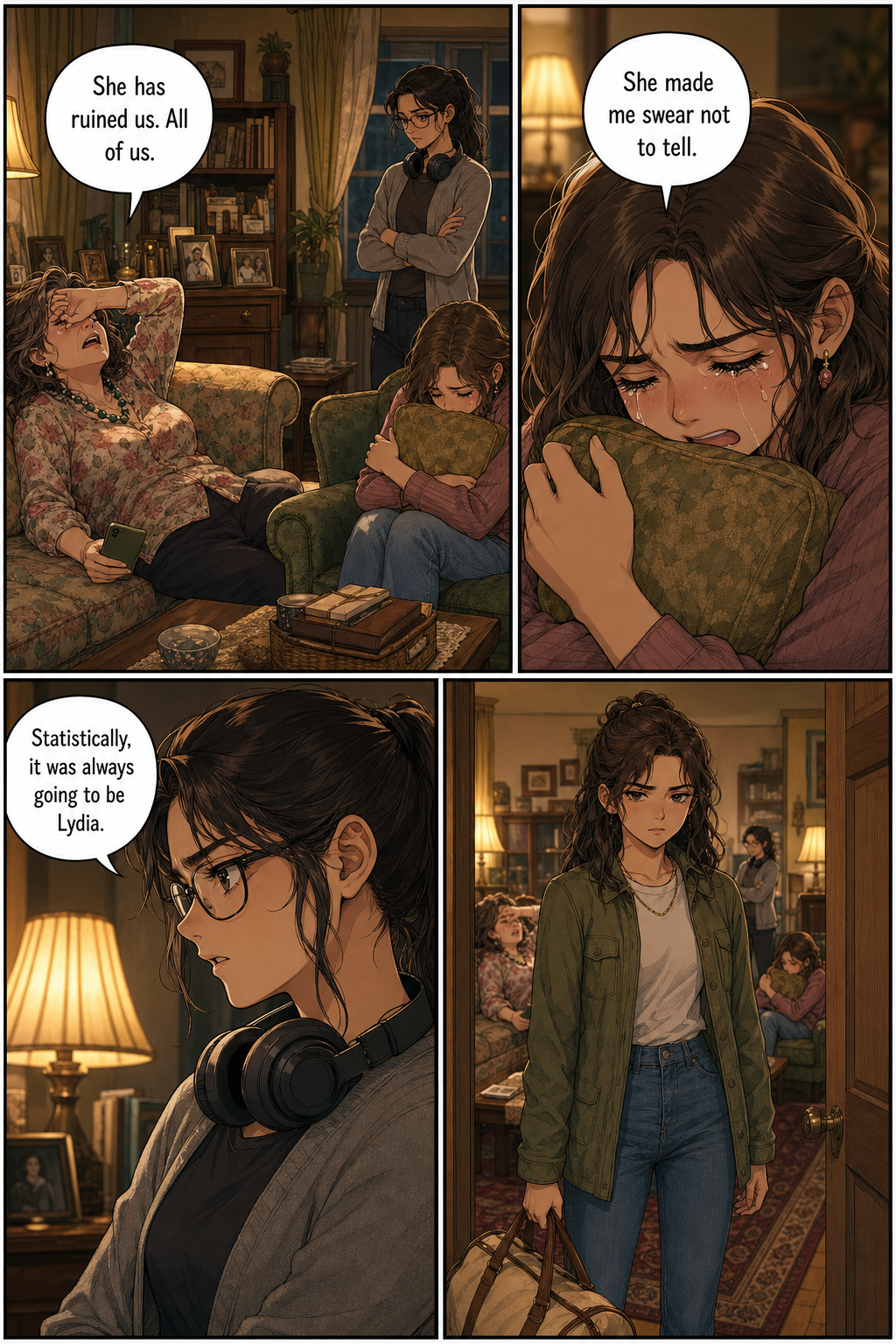 The Bennet living room in chaos at night: Mrs. Bennet collapsed on the sofa, Kitty crying into a cushion, Mary standing stiffly by the lamp, and Lizzie watching from the doorway.