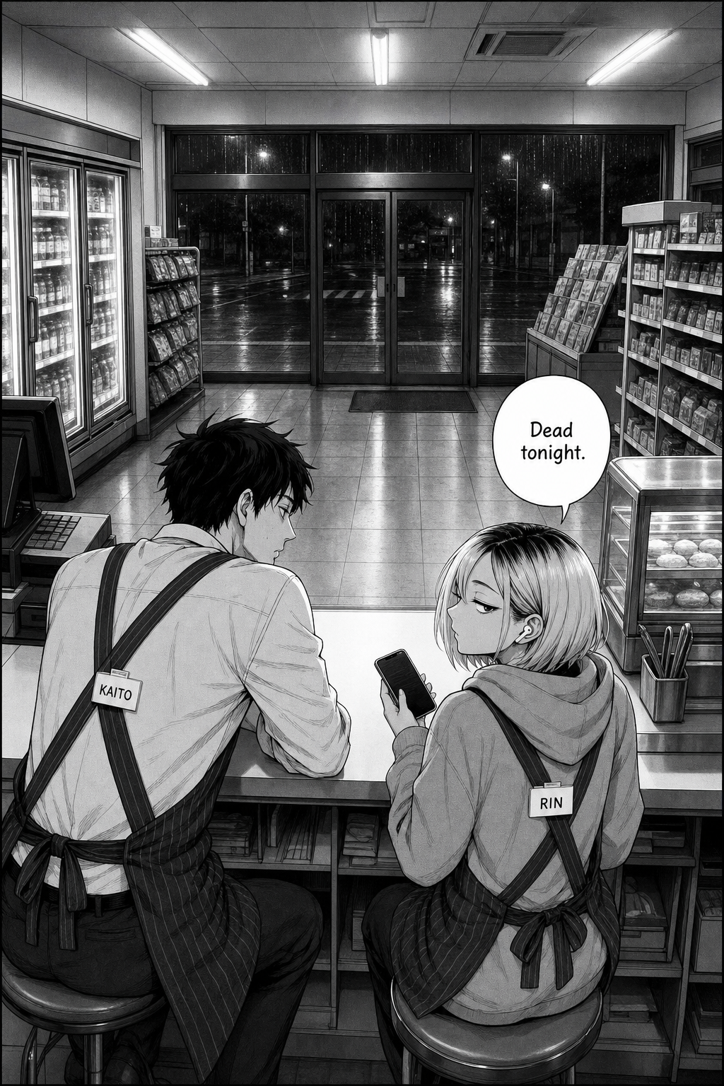Wide night shot from behind the store counter toward the sliding glass doors and empty rainy street; Kaito leans on the counter, Rin sits beside him on a stool with her phone.