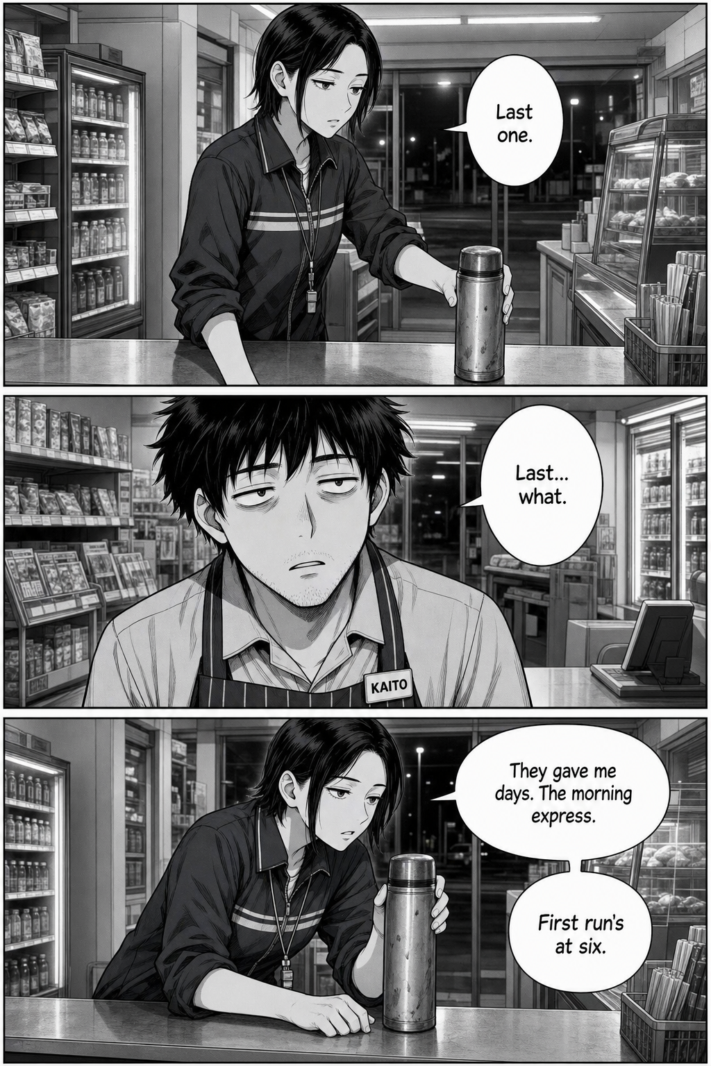 Yuki sets her thermos on the counter and tells Kaito she's been given the daytime morning express route.