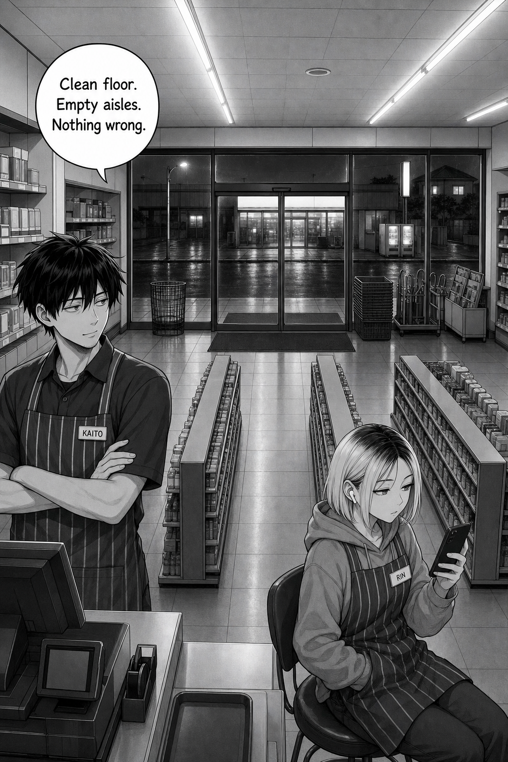 Wide night shot of the empty convenience store; Kaito stands behind the counter with arms folded while Rin sits on a stool looking at her phone.