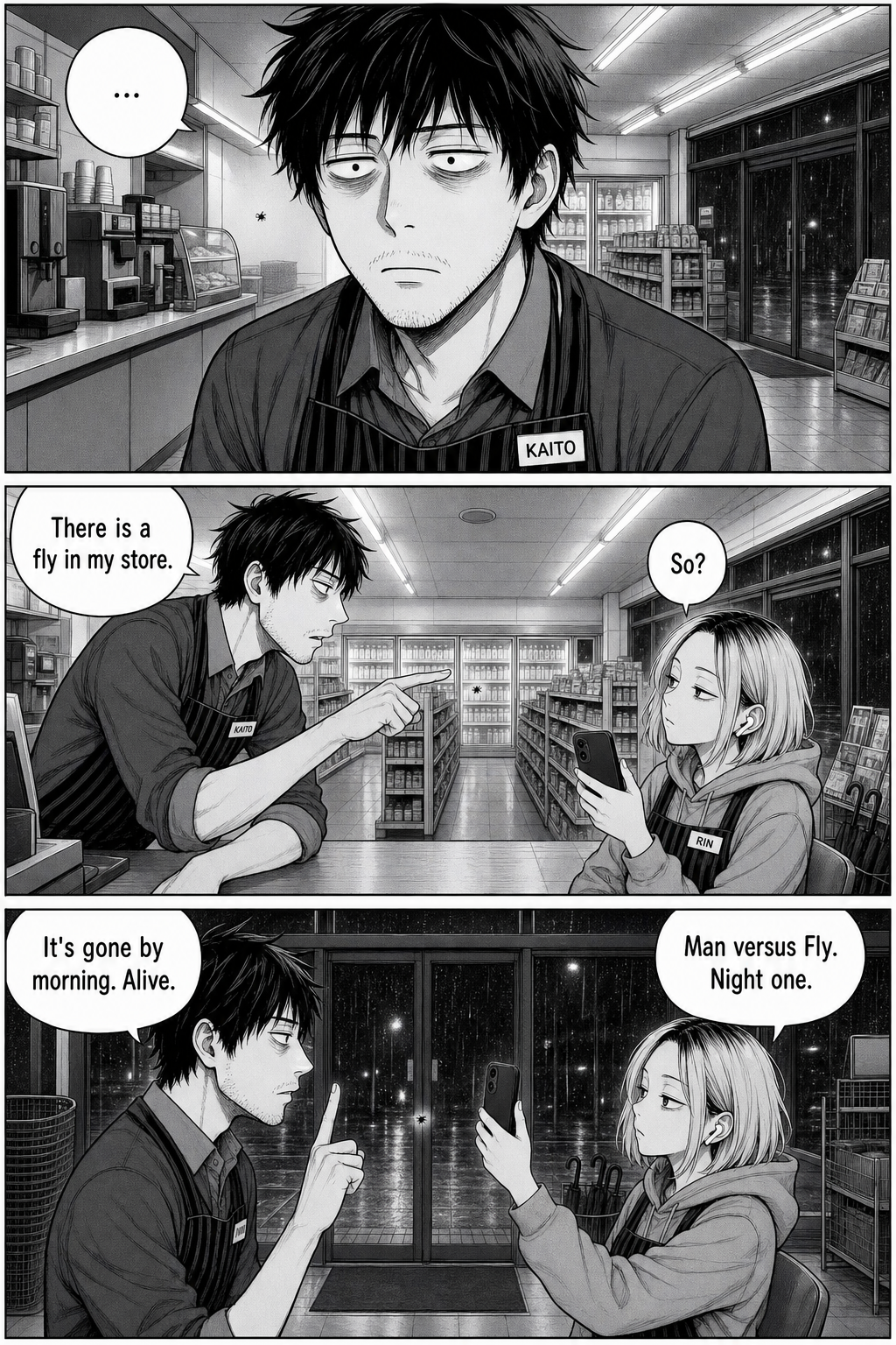 Kaito notices a tiny fly, then points at it declaring there is a fly in the store while Rin, unimpressed, raises her phone to film him.