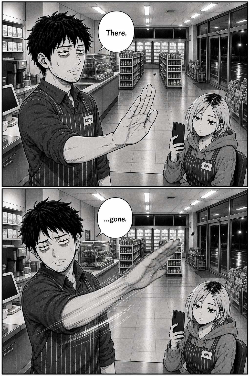 Kaito freezes with one hand raised, whispering 'There,' then swipes at empty air as the fly drifts away untouched.