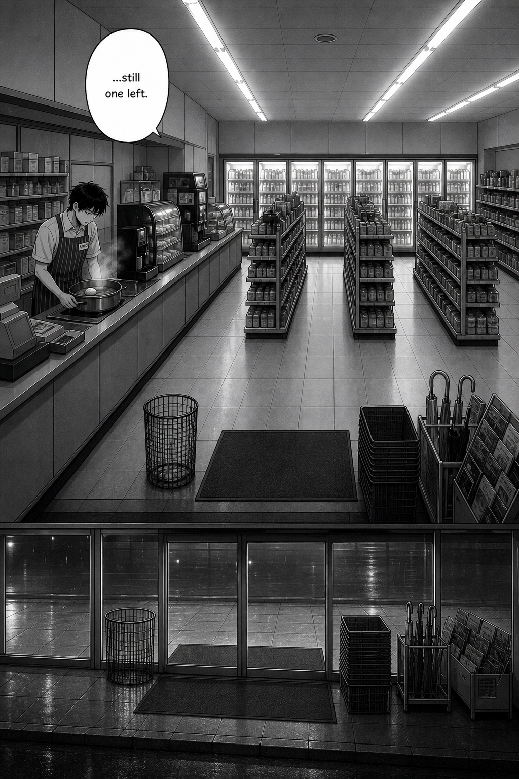 Wide night shot of the empty convenience store; Kaito stands at the west counter looking into the oden pot with one egg in it.