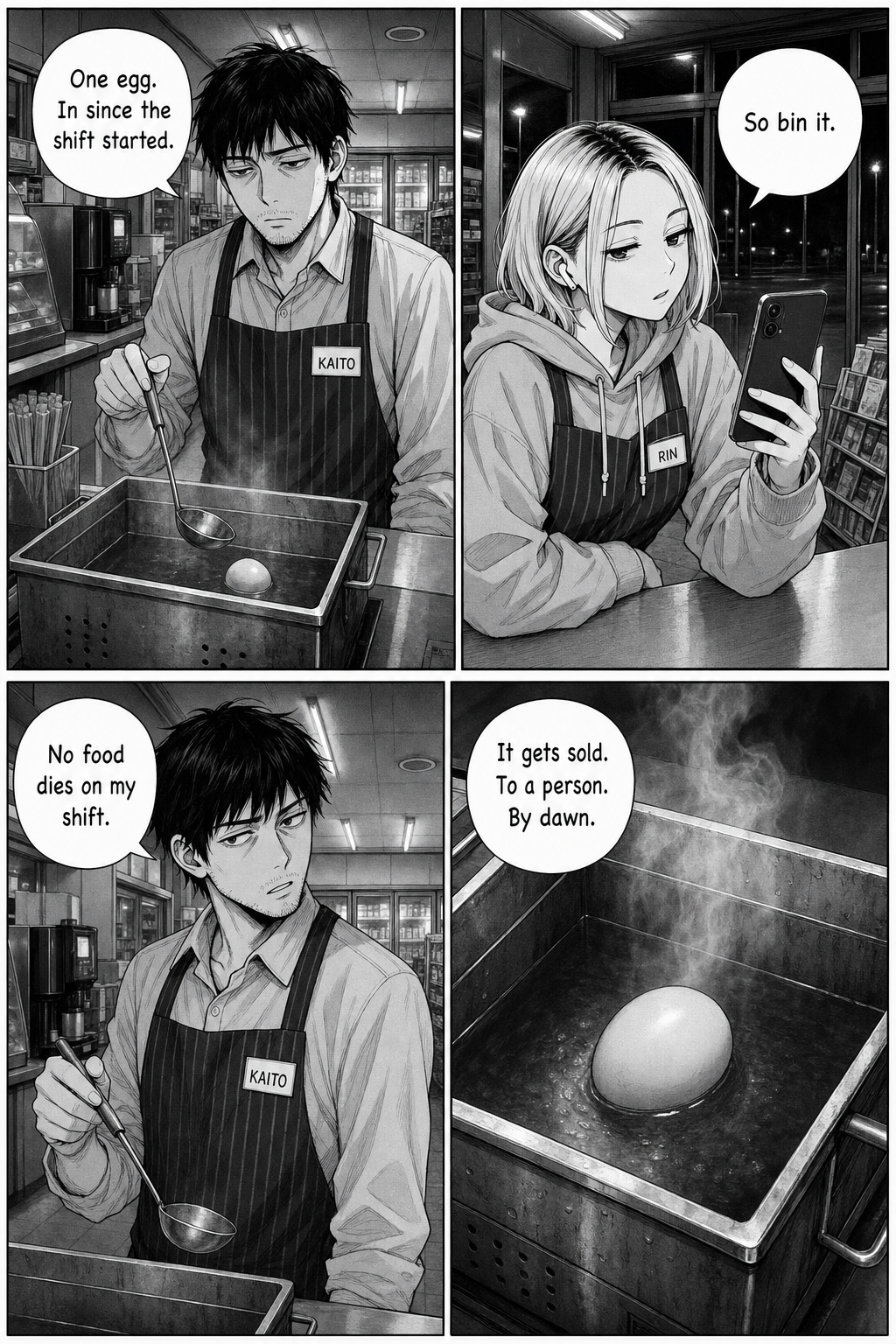 Four panels: Kaito studies the last oden egg while Rin, on her phone, tells him to bin it; Kaito refuses.