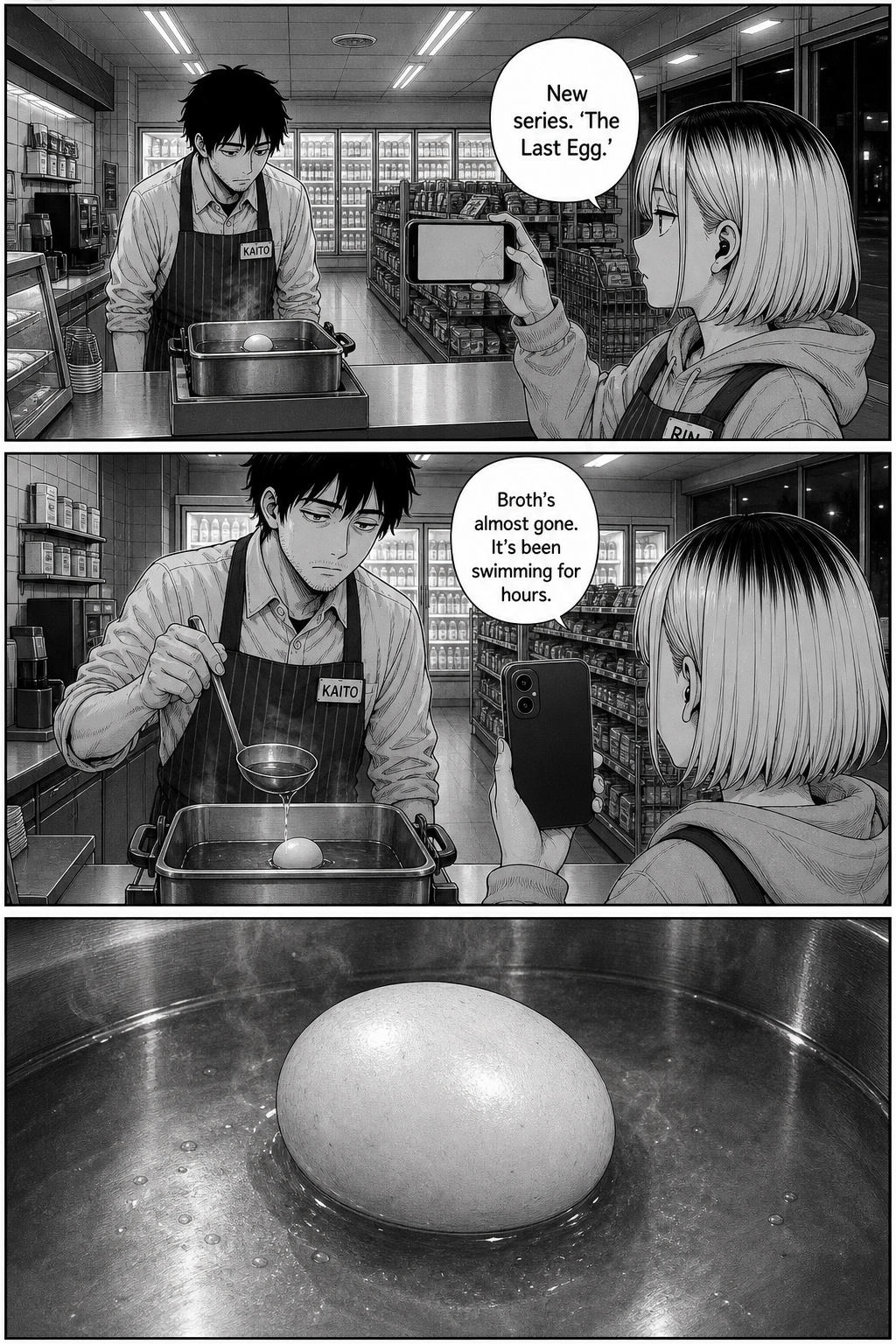 Three panels: Rin films the pot and names the video; the broth is nearly gone; a close-up of the soft pale egg.