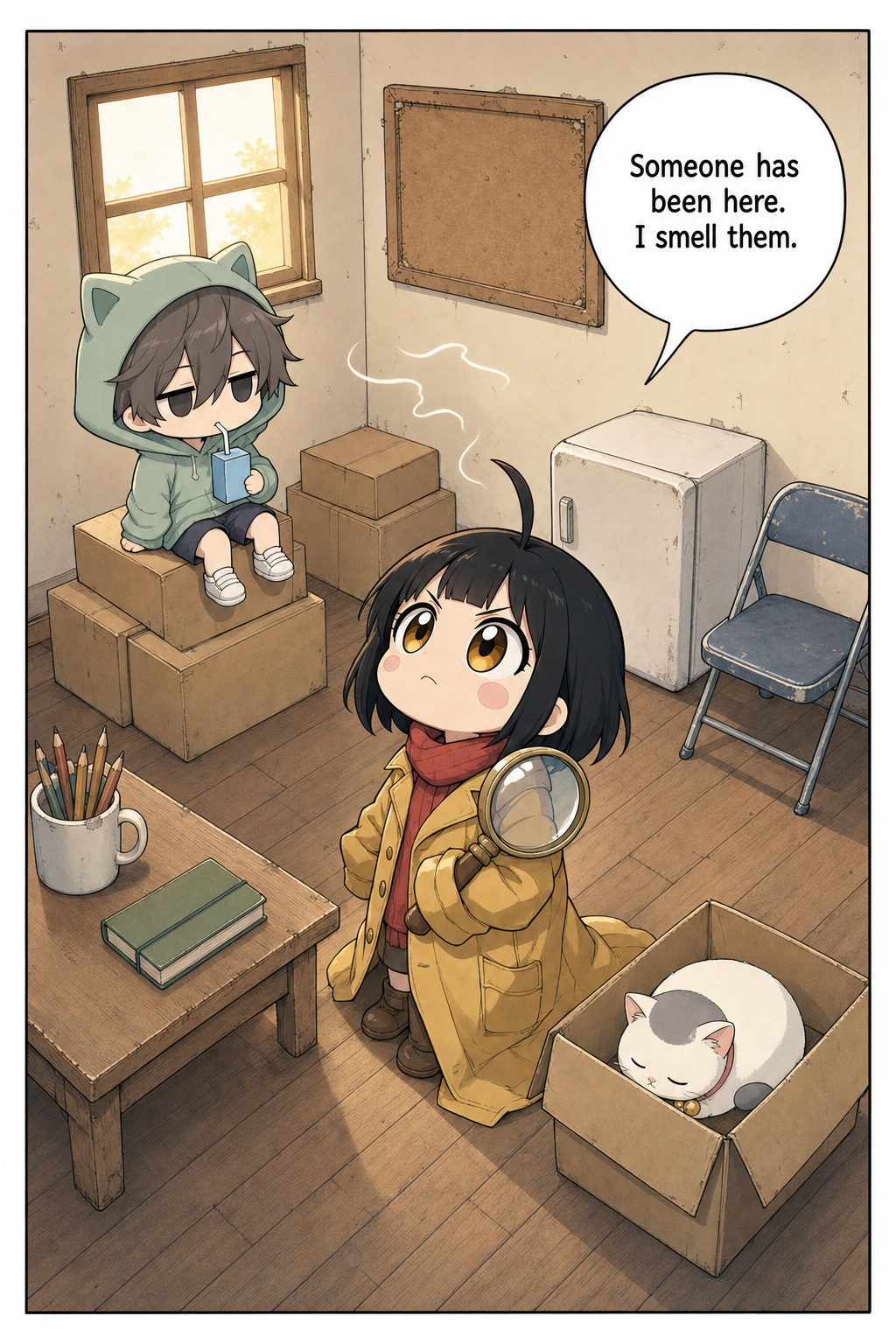 Wide view of the Tiny Case Agency clubroom. A chibi girl in an oversized mustard-yellow coat and red scarf stands in the middle of the room, chin up and nose tipped up as she sniffs the air, magnifying glass under one arm and faint curls of scent drifting nearby. A chibi boy in a mint-green cat-ear hoodie sips a juice box on the cardboard boxes, and a round white cat sleeps in an open box.