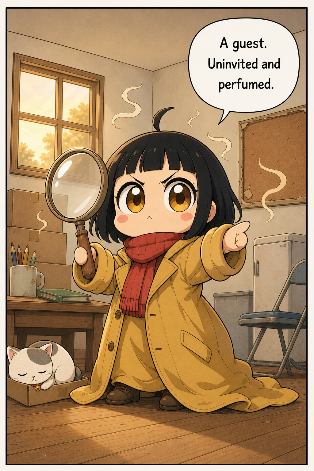 Low-angle view of a chibi girl in an oversized mustard-yellow coat and red scarf, holding up a big magnifying glass and flinging her other arm out to point, her coat flaring behind her like a cape as she scowls with conviction while wisps of scent drift around her.