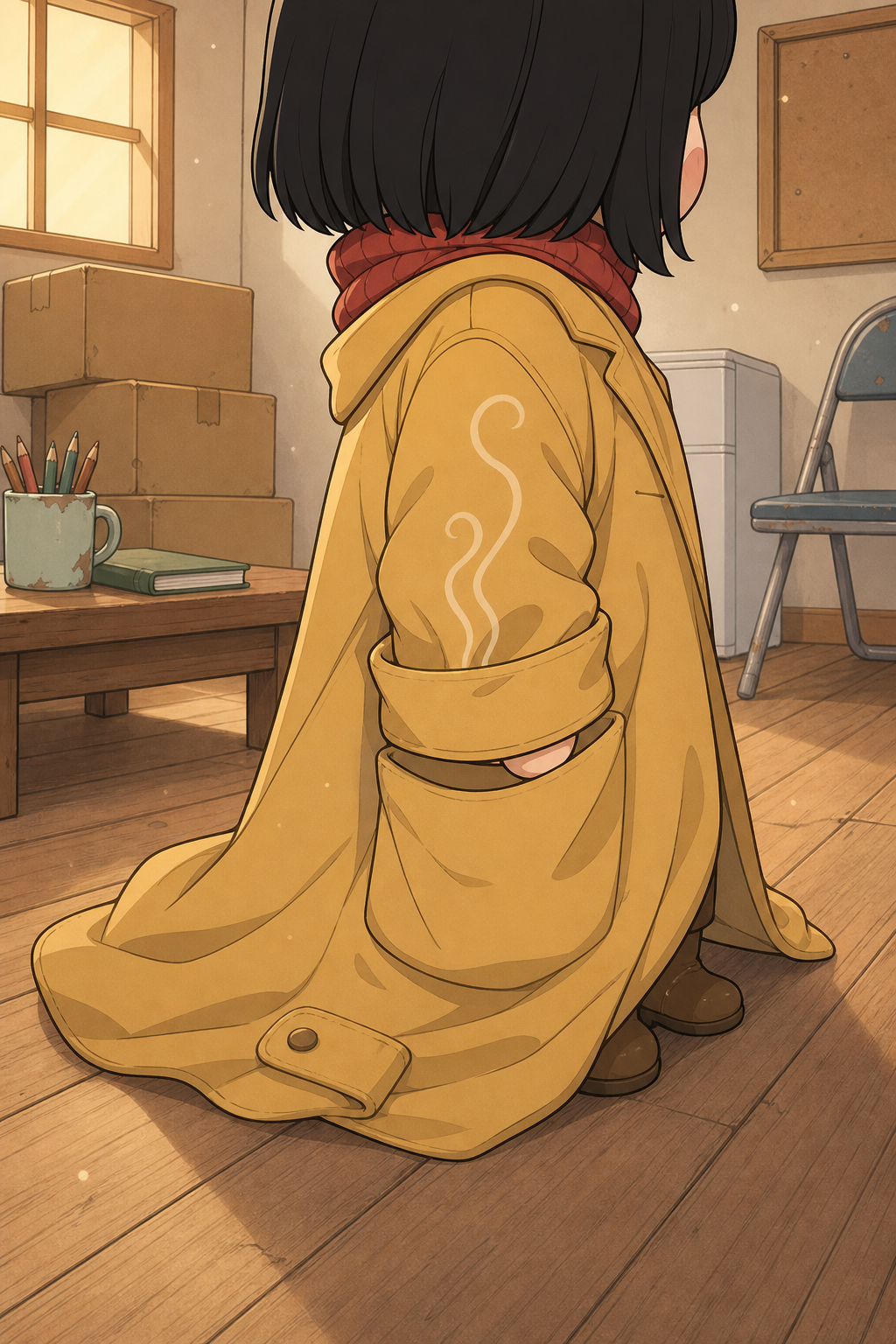 A silent low close-up of the lower half of the chibi girl's oversized mustard-yellow coat, seen from behind. A few soft curls of scent rise from inside one big patch pocket of the coat. No text.