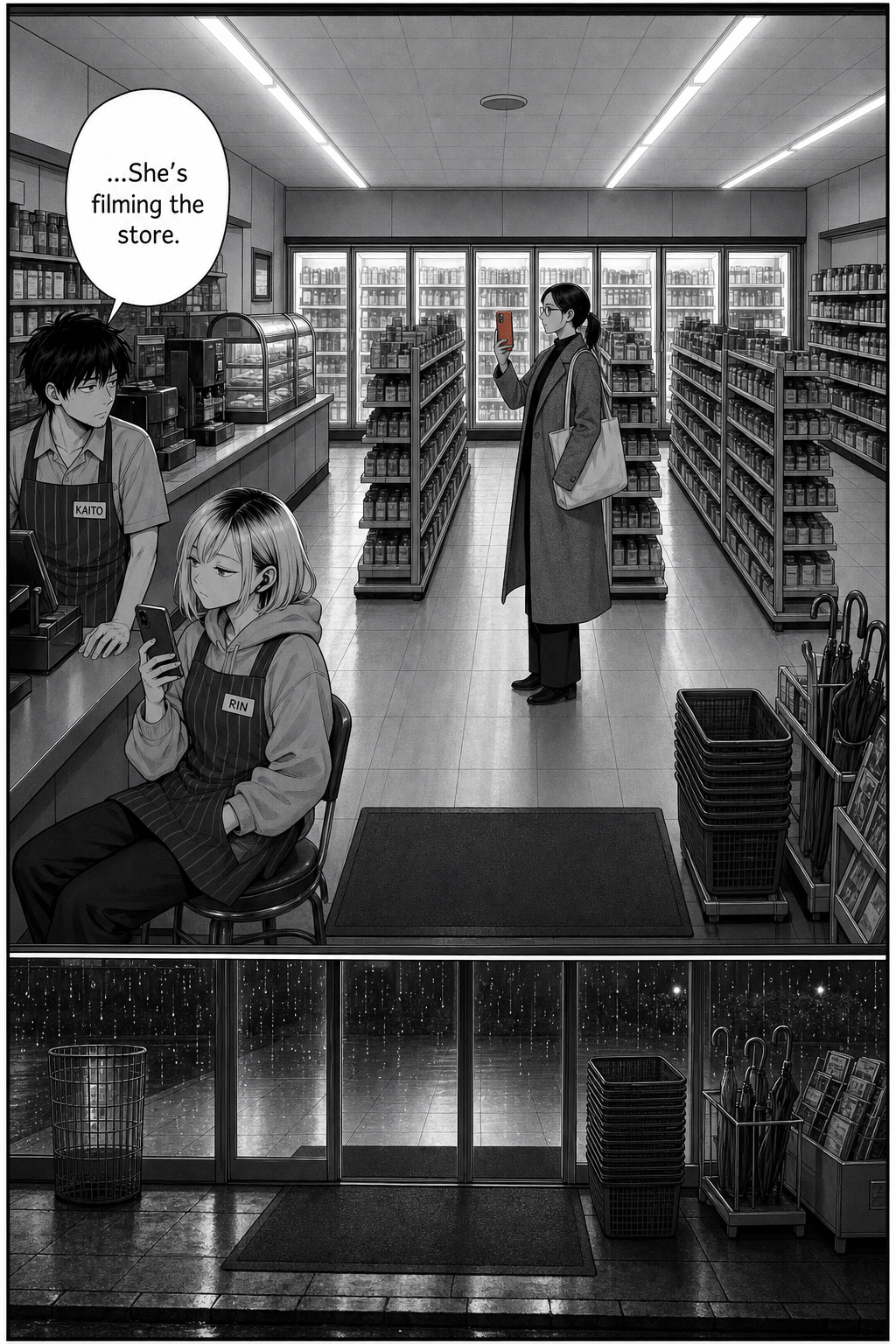 Night in the convenience store, seen down the aisles to the lit coolers. Kaito and Rin are at the counter; a woman in a grey coat films the shelves from the middle aisle.