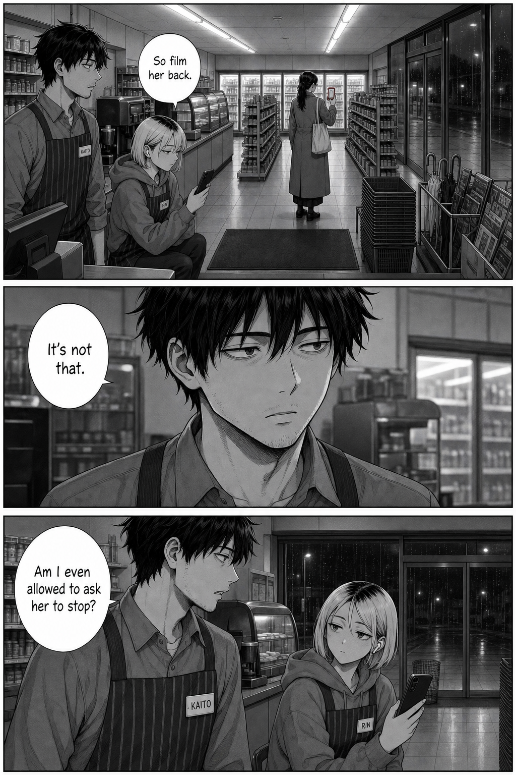 Kaito watches the woman filming while Rin ignores it; a close-up of Kaito realizing the real problem.