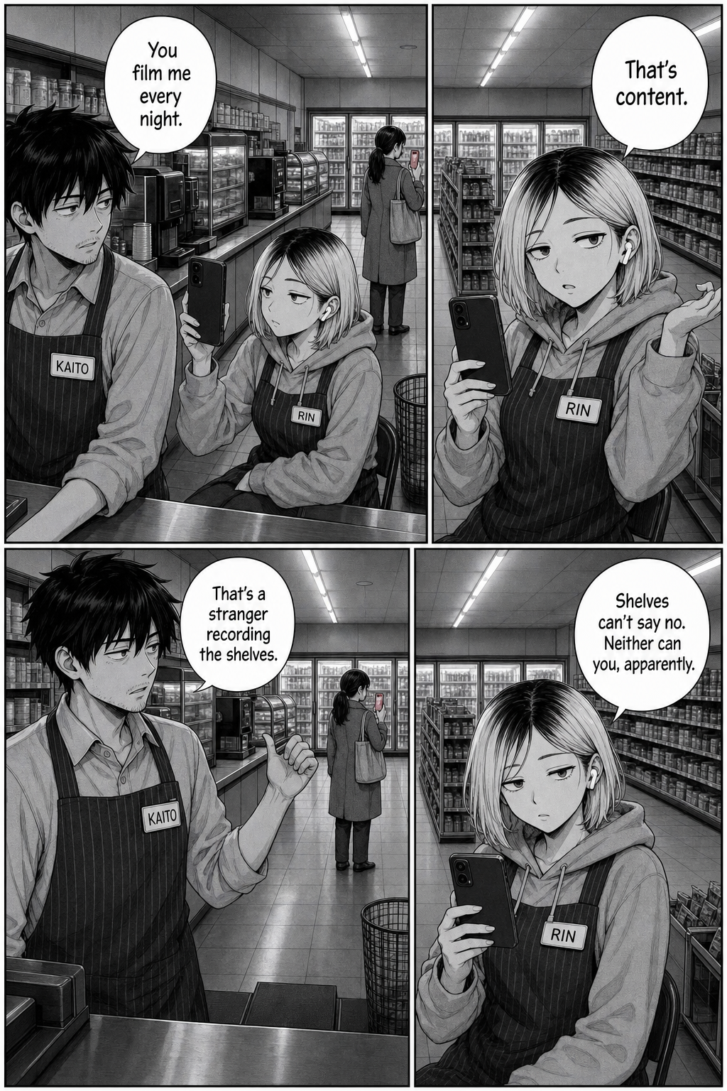 Rin points her phone at Kaito and shrugs; Kaito gestures at the woman filming the shelves.