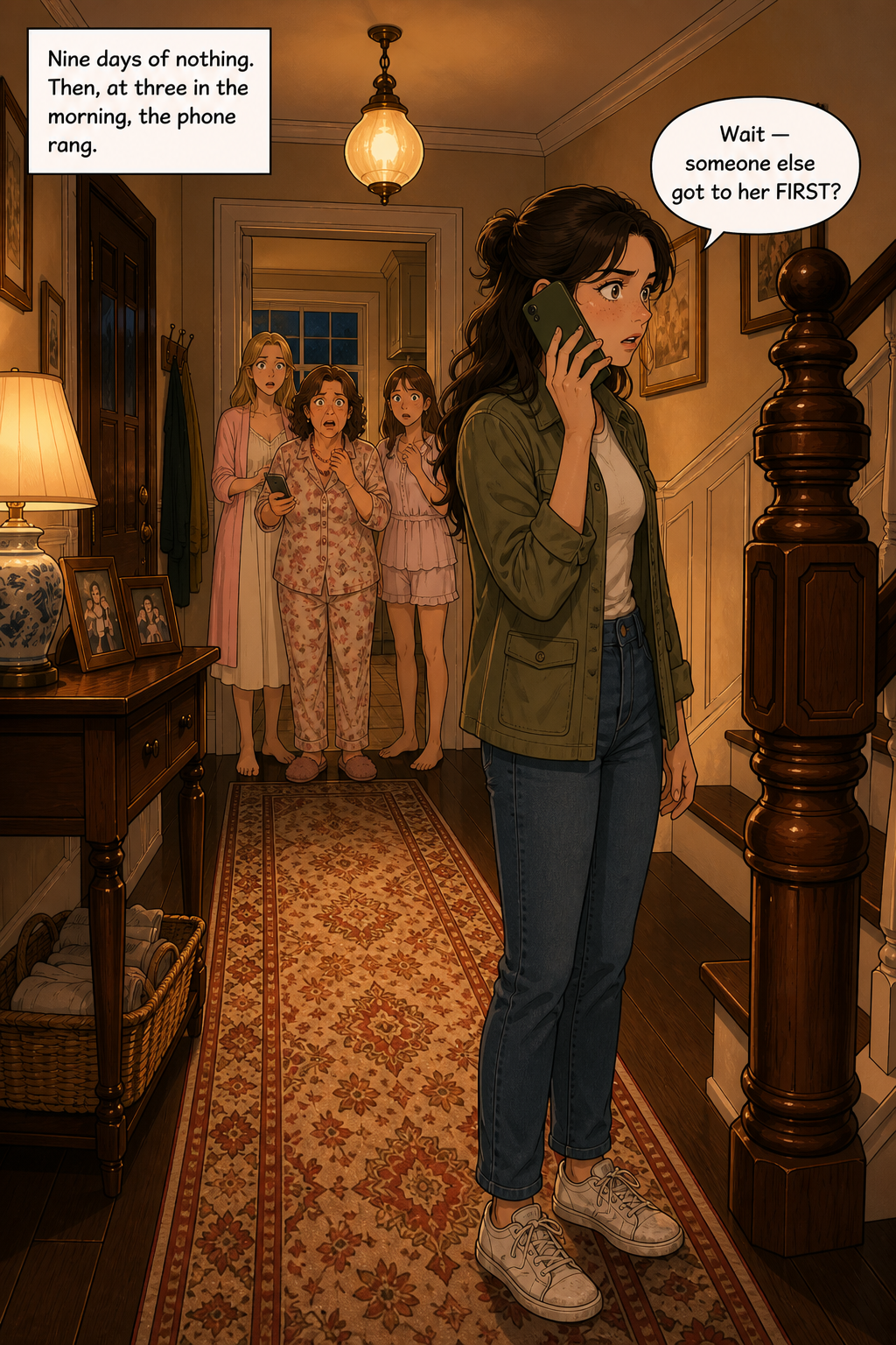 In the warm, lamplit Bennet front hall at three in the morning, Lizzie stands at the foot of the staircase with a phone pressed to her ear, stunned, while Jane, Mrs. Bennet and Kitty watch from the kitchen doorway in their nightclothes.