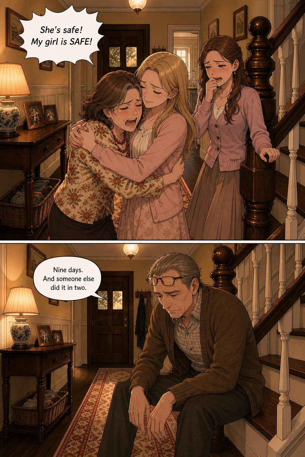 Two panels: Mrs. Bennet sobs with relief in Jane's arms while Kitty cries beside them, then Mr. Bennet sits down heavily on the stairs, hollowed out.