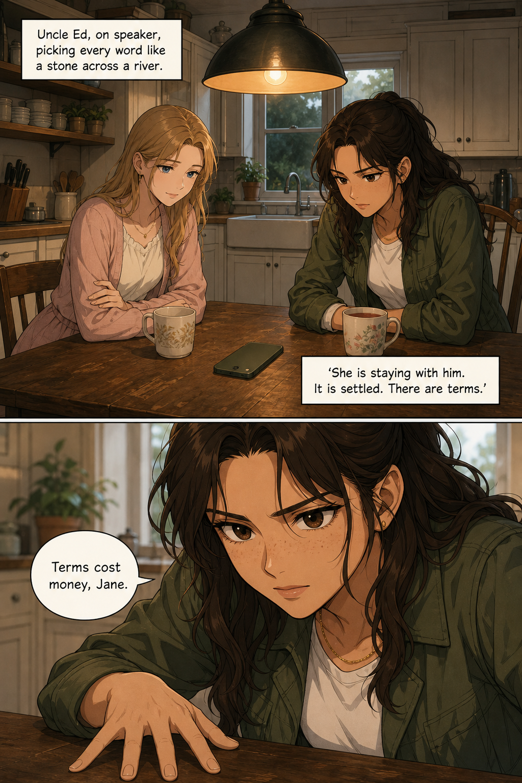 Two panels in the Bennet kitchen: Lizzie and Jane lean over a phone lying face-down on the table on speaker, then a close-up of Lizzie's hard, calculating face.